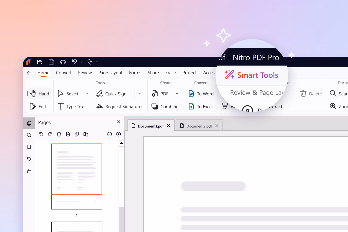 Nitro PDF Pro with the Smart Tools menu open