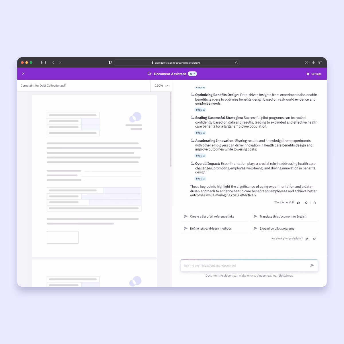 Nitro AI document assistant summarizing a PDF