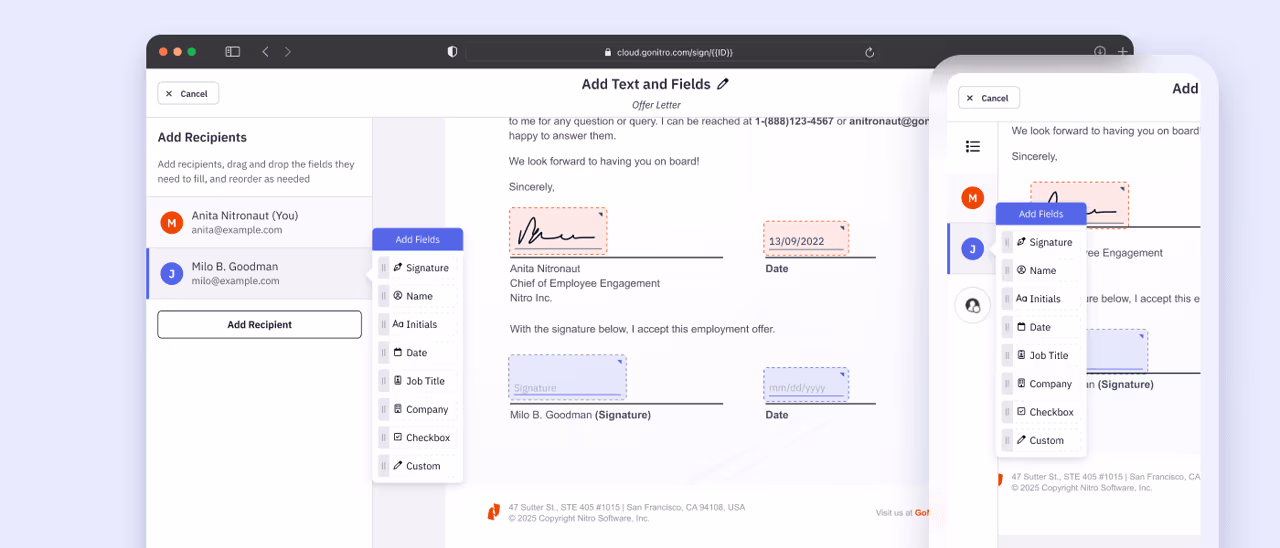 Placing signature, date and text fields for each signer in Nitro Sign