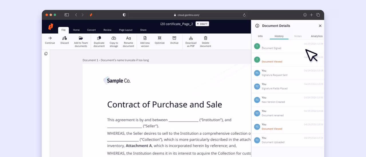 Tracking the signing status of a contract in Nitro Sign