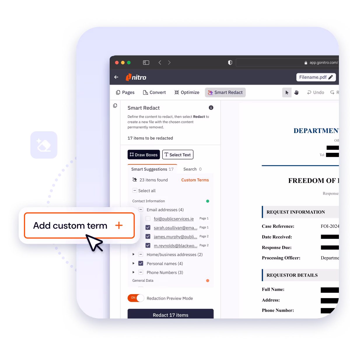 Adding a custom term to redact in Nitro Smart Redact