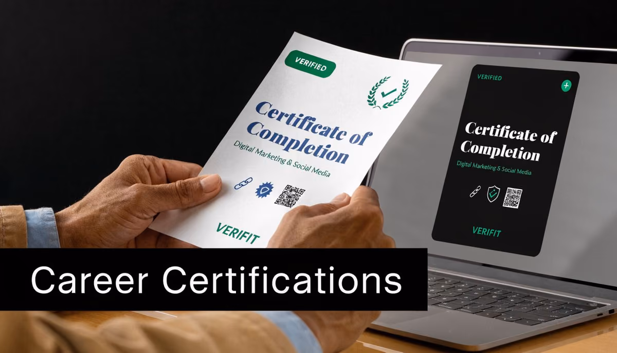A person holding a physical certificate of completion next to a laptop displaying the same digital certificate.