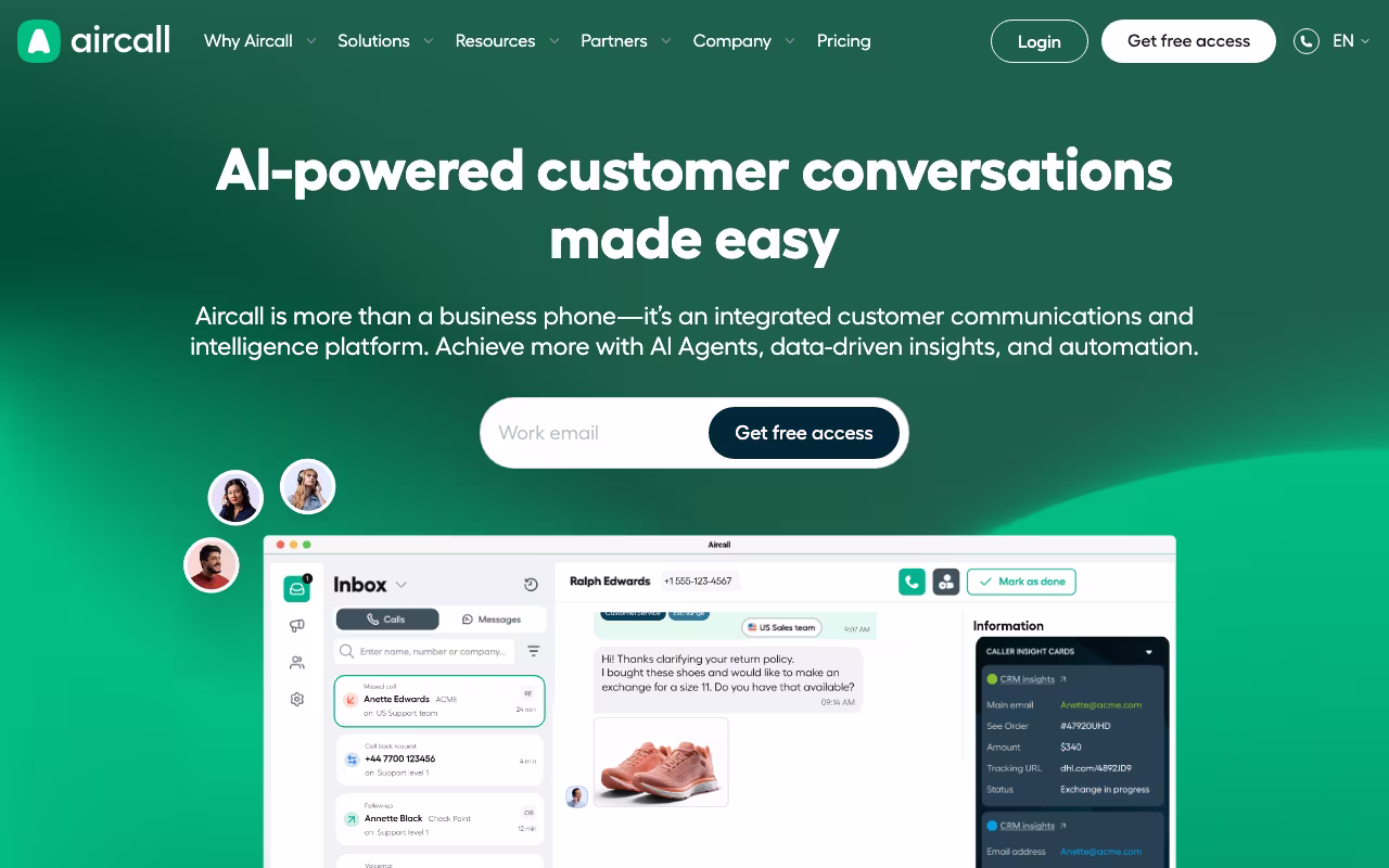 Aircall customer support platform interface screenshot