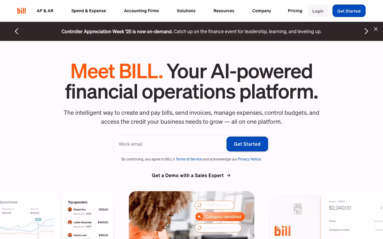 BILL finance platform interface screenshot