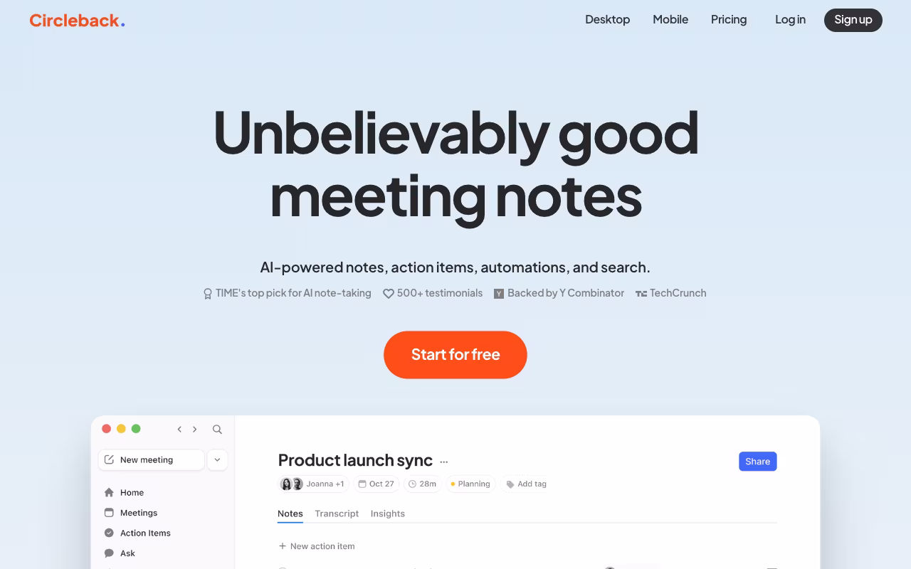 Circleback productivity platform interface screenshot