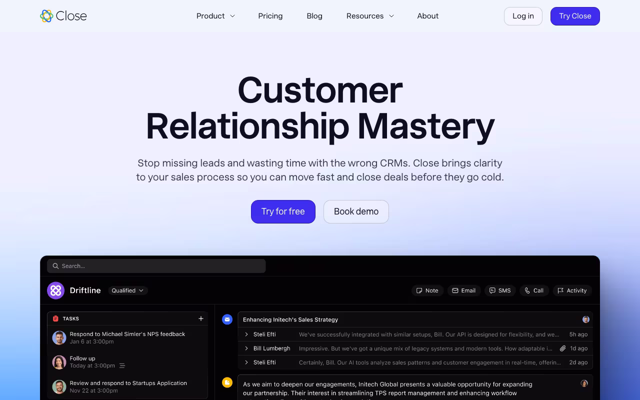 Close sales platform interface screenshot