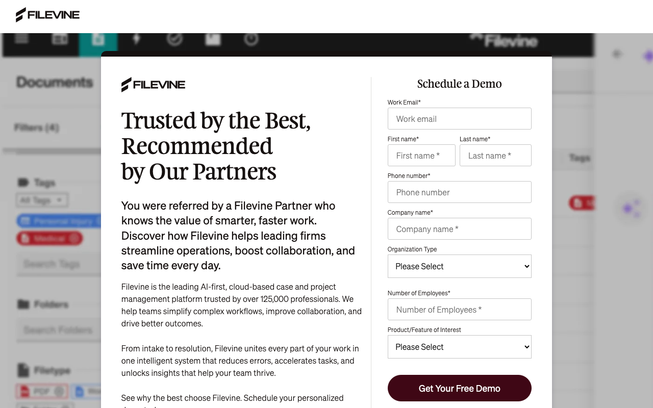 Filevine legal platform interface screenshot