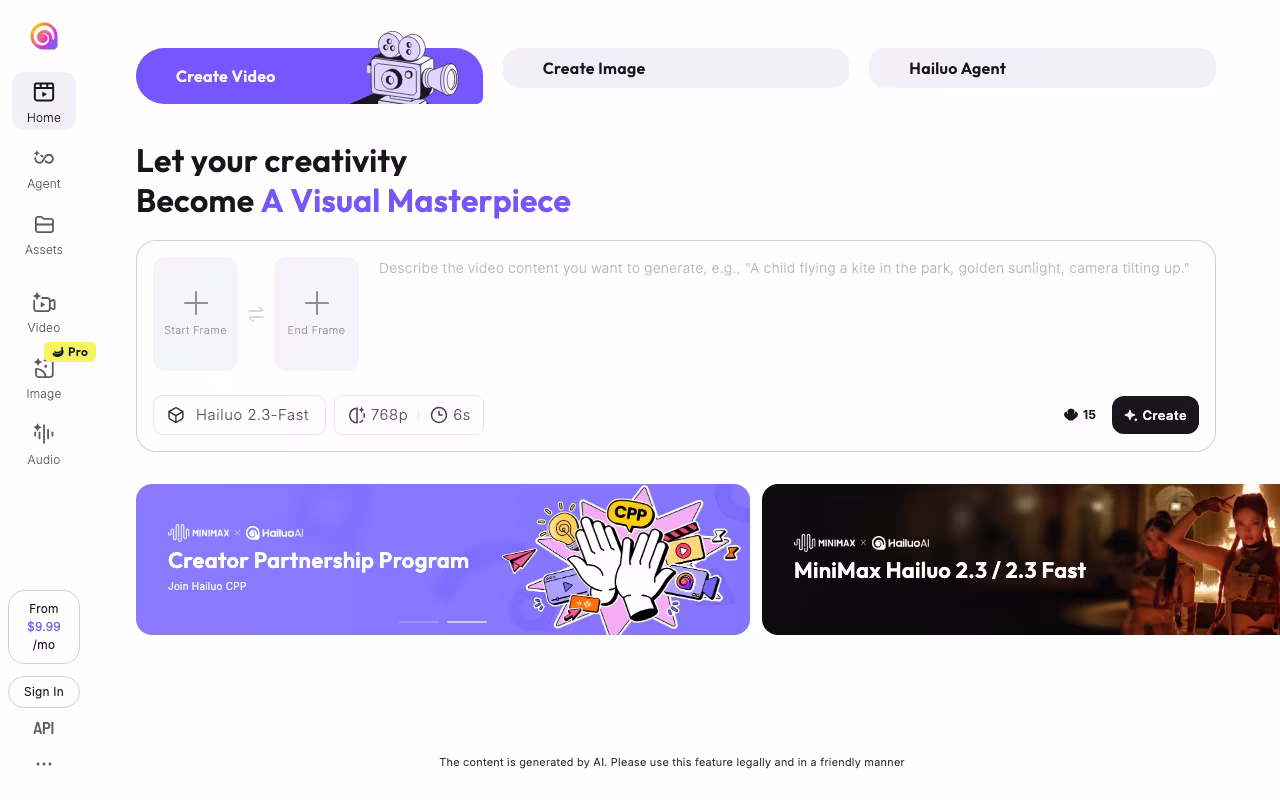 Hailuo AI content creation platform interface screenshot