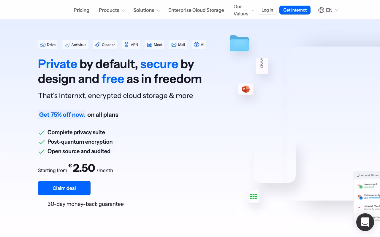 Internxt productivity platform interface screenshot