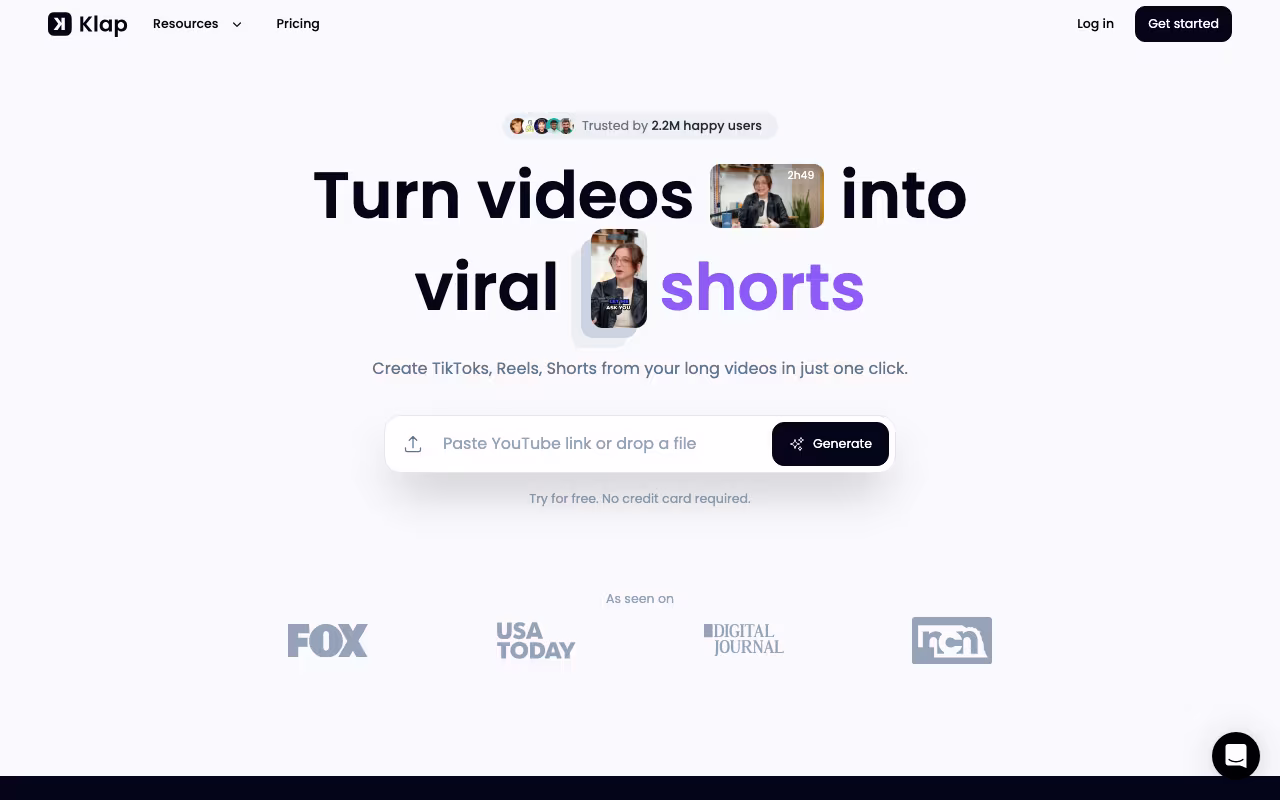 Klap AI content creation platform interface screenshot
