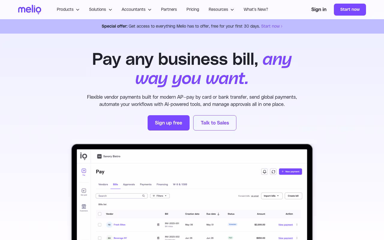 Melio finance platform interface screenshot