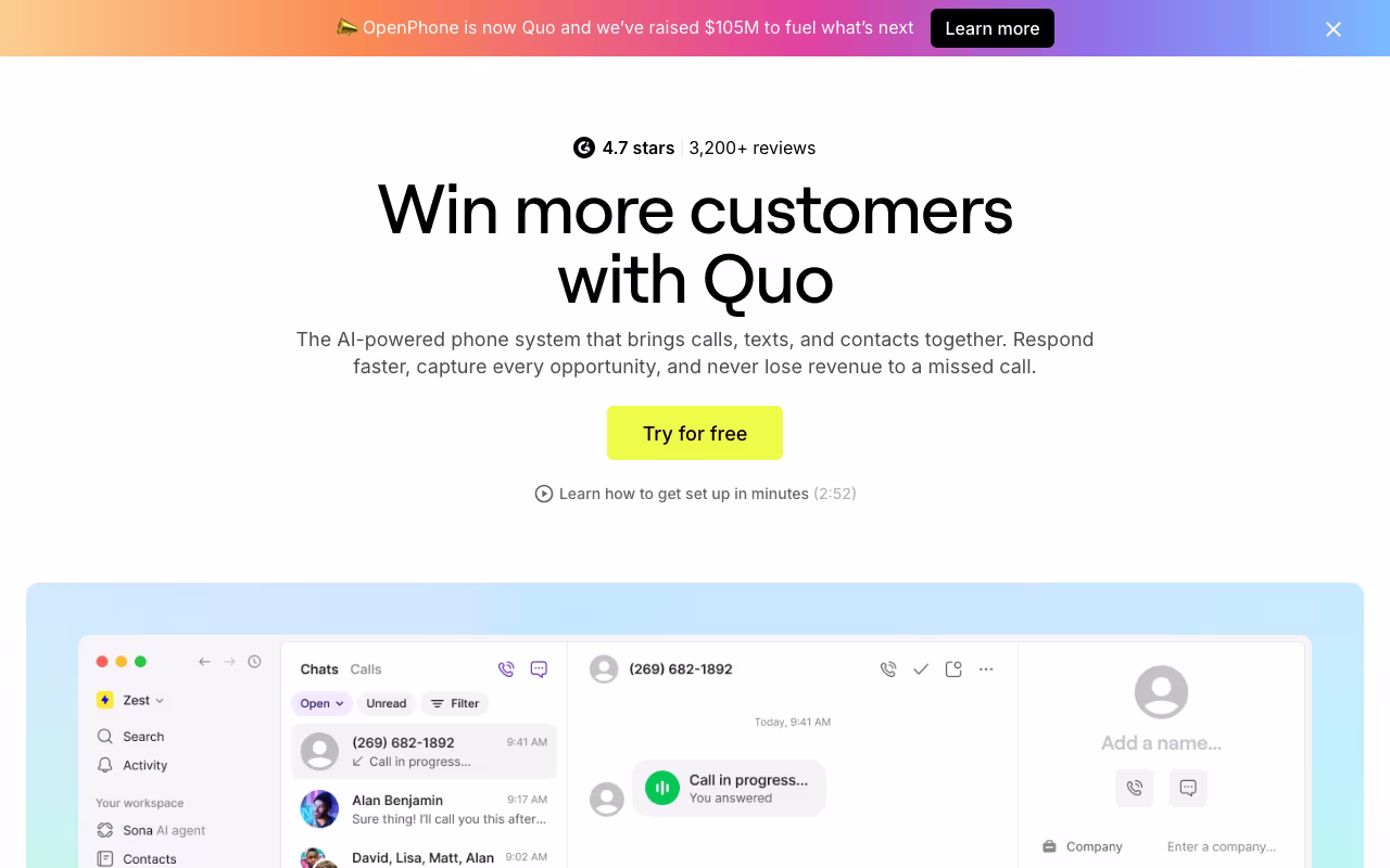 Quo customer support platform interface screenshot