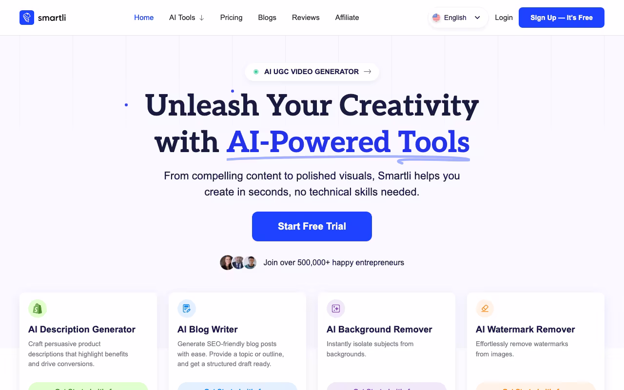 Smartli content creation platform interface screenshot