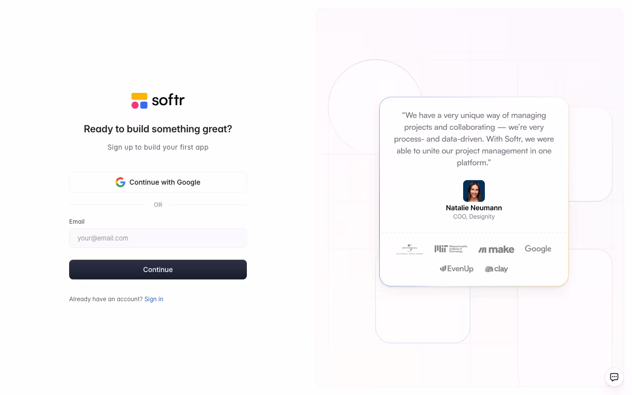 Softr dev platform interface screenshot