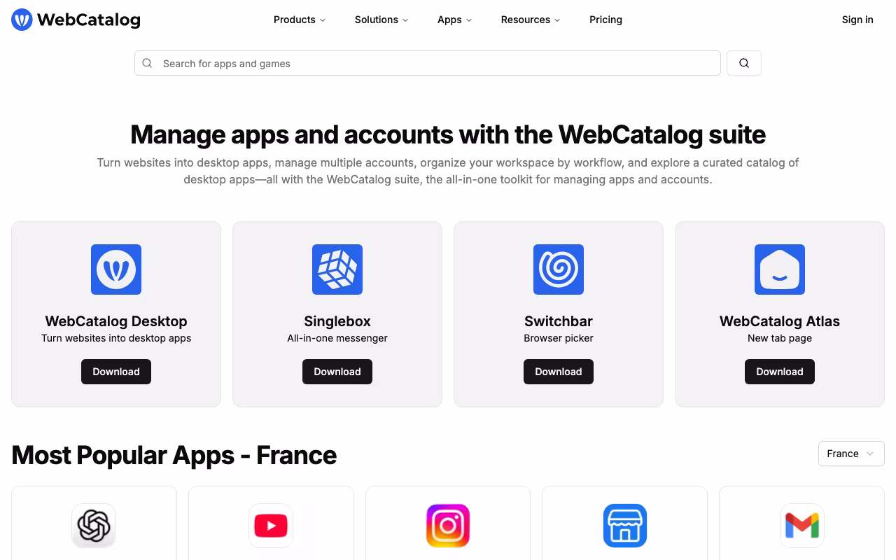 WebCatalog productivity platform interface screenshot